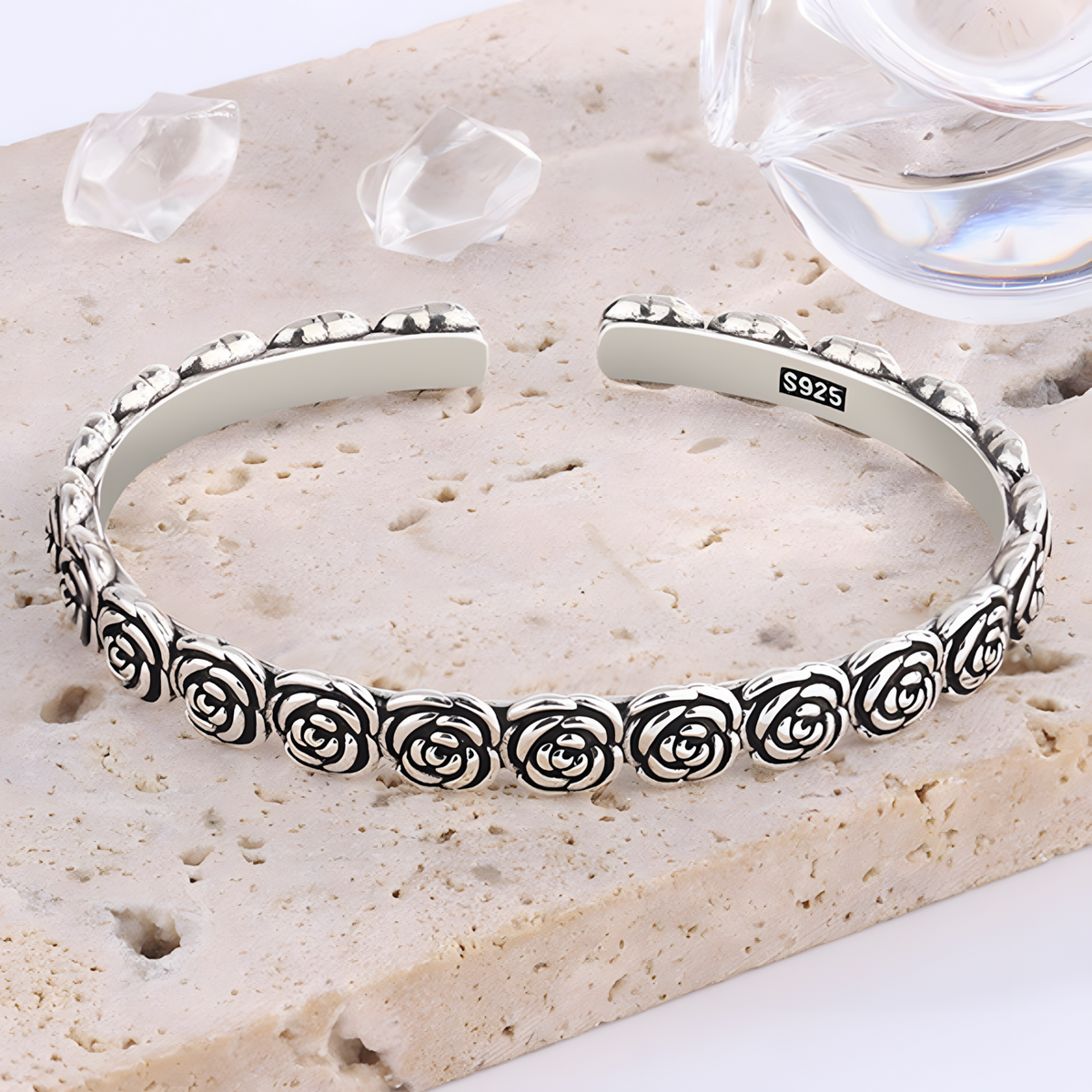 Rose-Pattern Open Cuff Bracelet Silver-Plated Alloy 20g Adjustable Bangle 1475