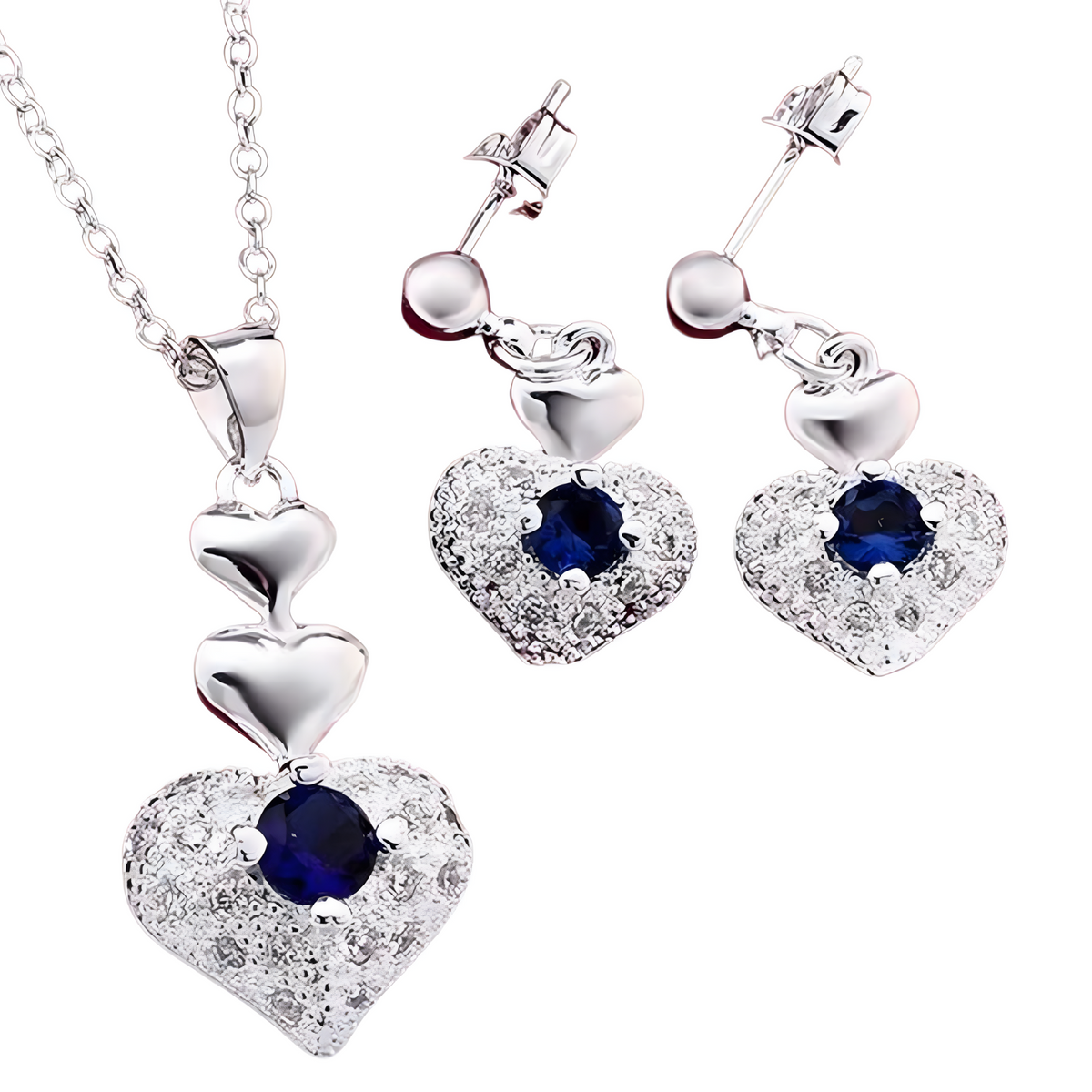 Sterling Silver Heart Jewelry Set Women Blue Zircon Crystal Pendant Necklace 680