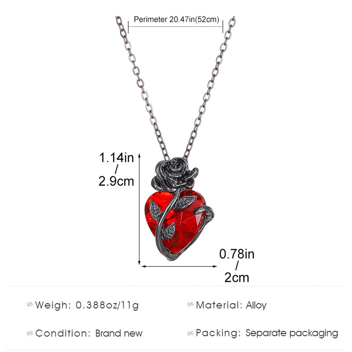 Womens Red Heart Rose Pendant Necklace-Black Rhodium-Plated Alloy, Faceted 1315