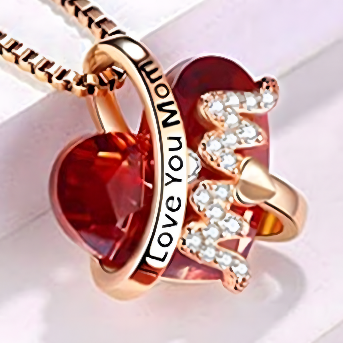"I Love You Mom" Necklace -Red Crystal Heart Pendant Jewelry Gift for Mother B90