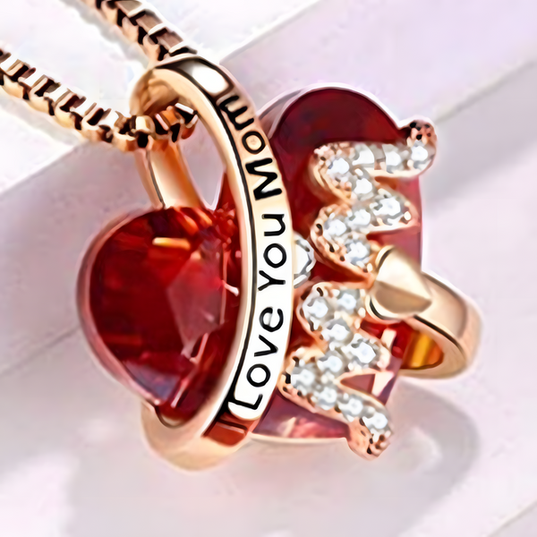 "I Love You Mom" Necklace -Red Crystal Heart Pendant Jewelry Gift for Mother B90