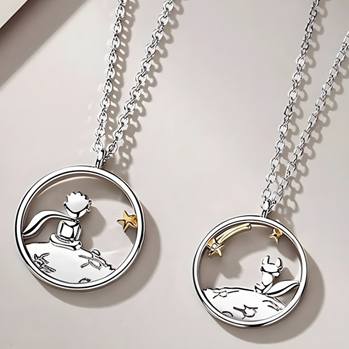 Zinc Alloy Little Prince & Fox Couple Necklace Set of 2 – Silver Tone  1090