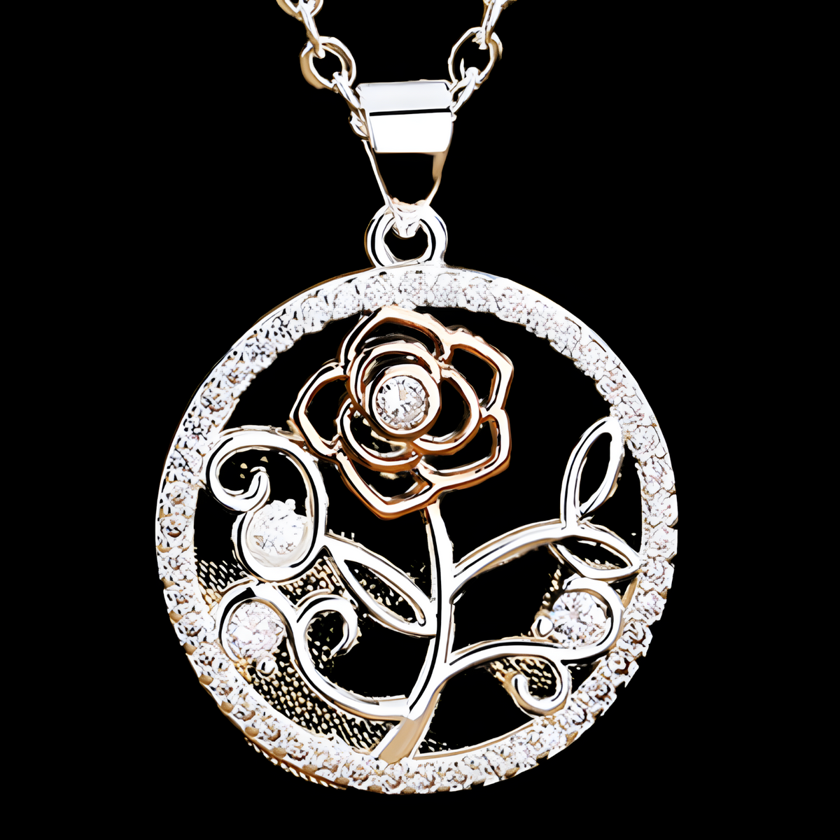 Elegant Rose Flower Diamond Pendant Necklace - Silver Tone Rose Gold Accent B84