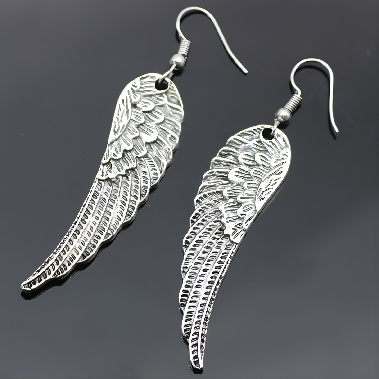Silver Tone Angel Wing Dangle Earrings Women Feathered Design Hook Earrings B53