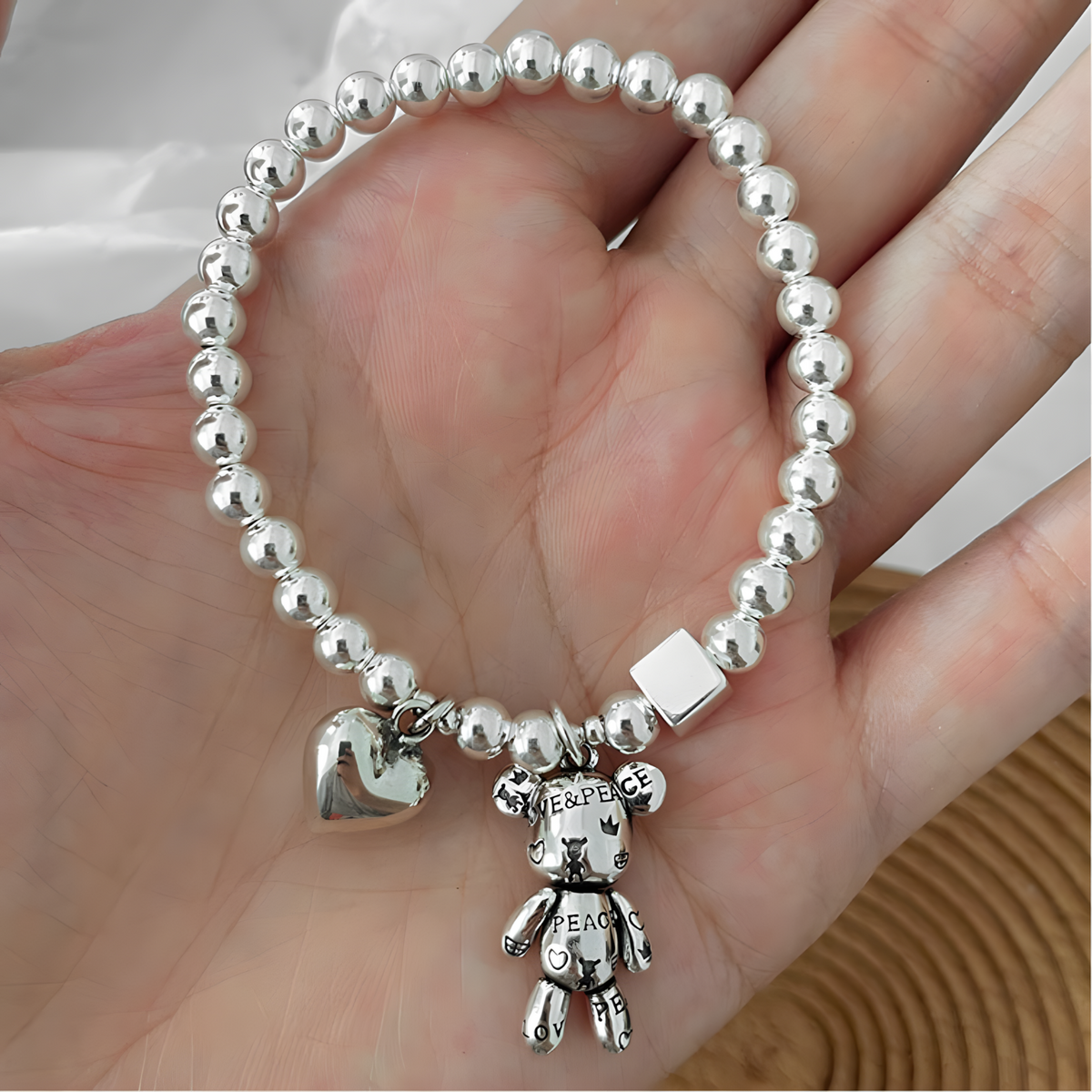 Beaded Charm Bracelet– Copper Alloy, Electroplated Silver, Elastic Stretch 864