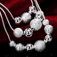 Frosted Bead 925 Sterling Necklace Women – Silver-Tone Snake Chain Jewelry 679