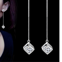 925 Silver-Plated Long Drop Earrings for Women Sparkling Cubic Zirconia Cube 986