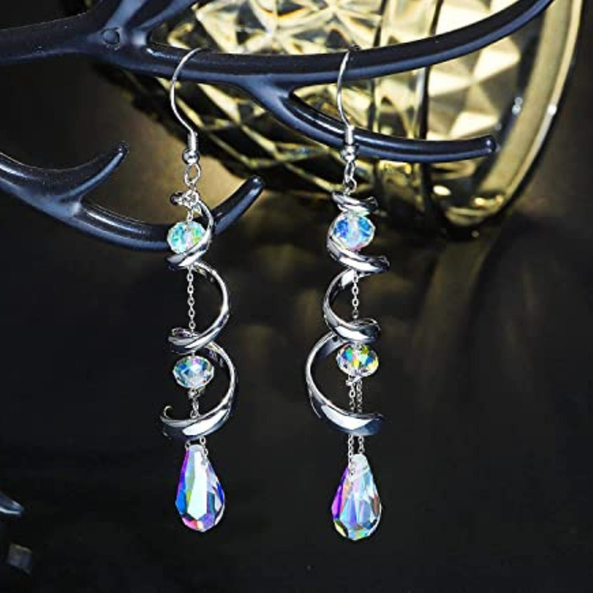 925 Sterling Silver Spiral Ribbon Teardrop Dangle Earrings Austrian Crystal B5