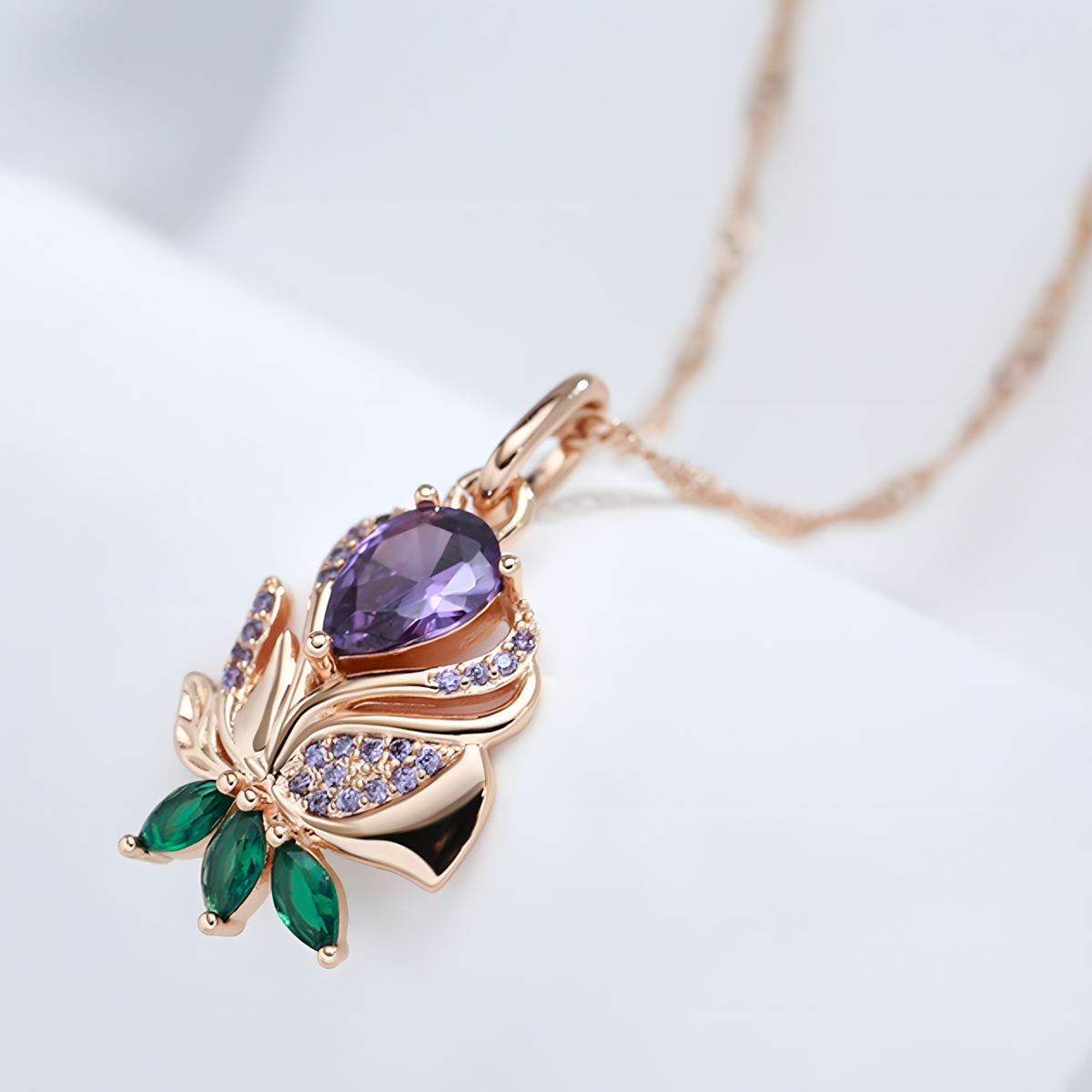 Rose Gold Plated Copper Pendant Necklace for Women with Purple Zircon Heart 1259