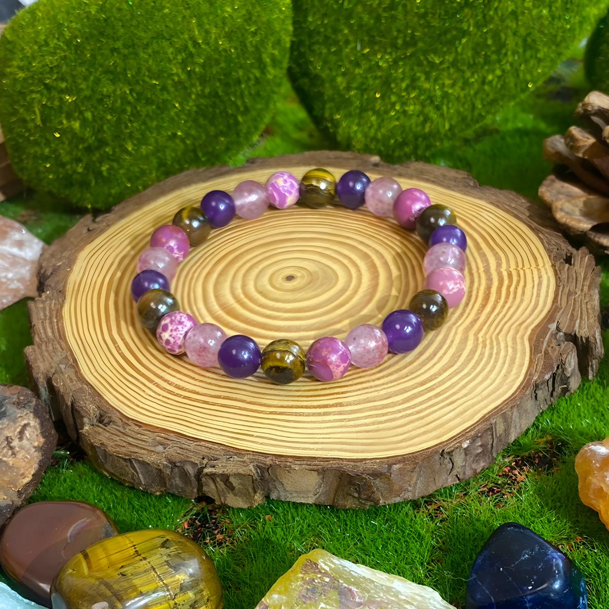 Anxiety Beaded Bracelet Tiger Eye & Rose Quartz, Stress Reduction Calming 1403