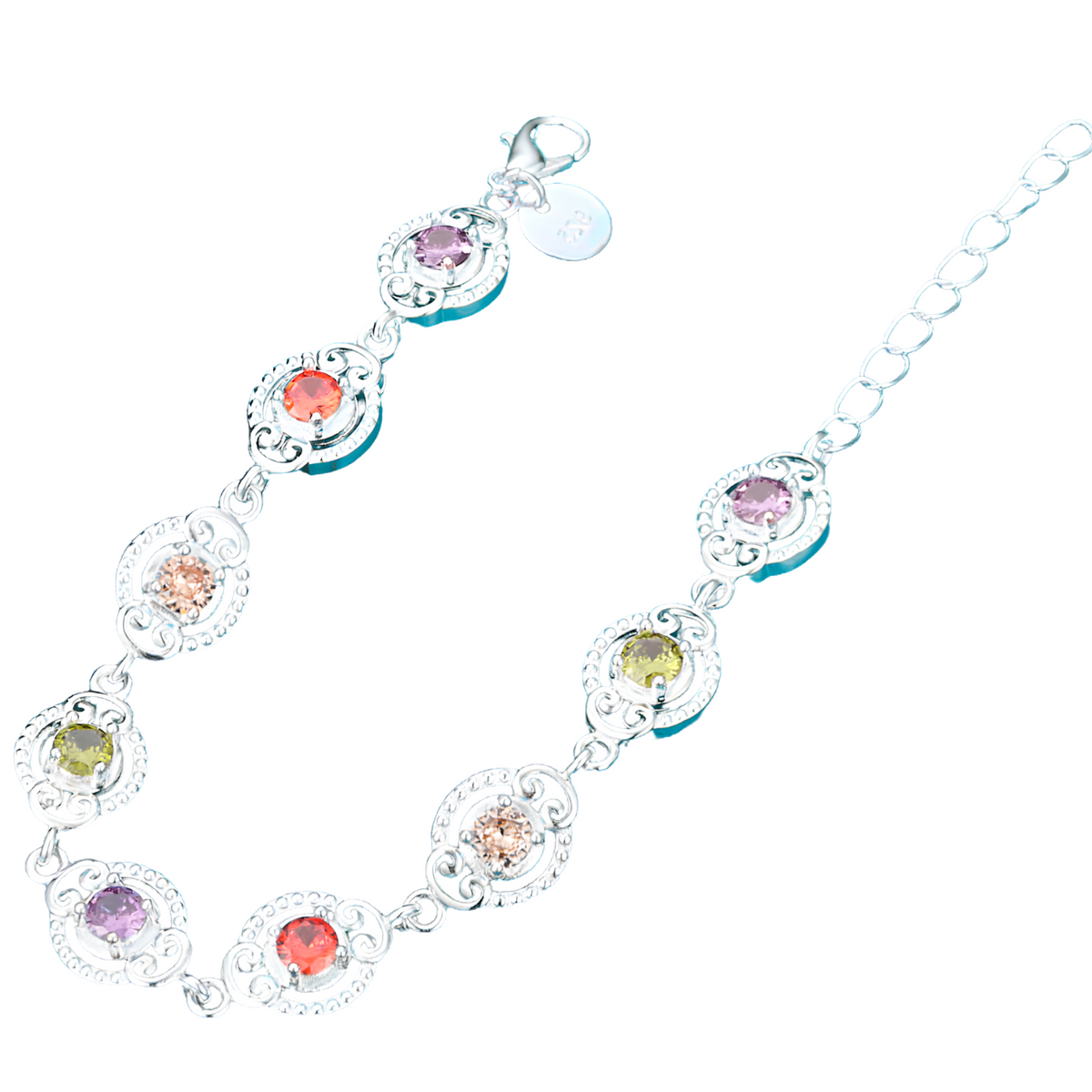 MultiColour Crystal Charm Bracelet For Women Silver Tone Chain Link l 1744
