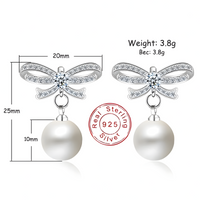 925 Sterling Silver Crystal Bow Pearl Drop Earings Dangle Earrings, Elegant 324