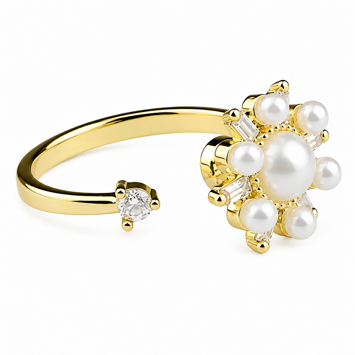 Rotatable Pearl Sunburst Spinner Ring Adjustable Open Band Gold Statement 1592