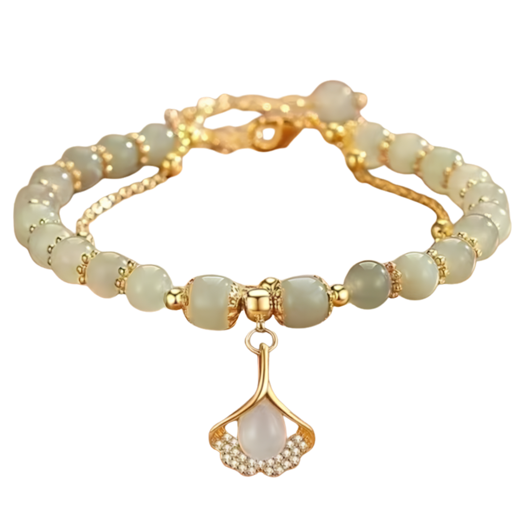 Apricot Green Beaded Bracelet, Gold Colour Double Layer Rope Chain, Leaf 1797