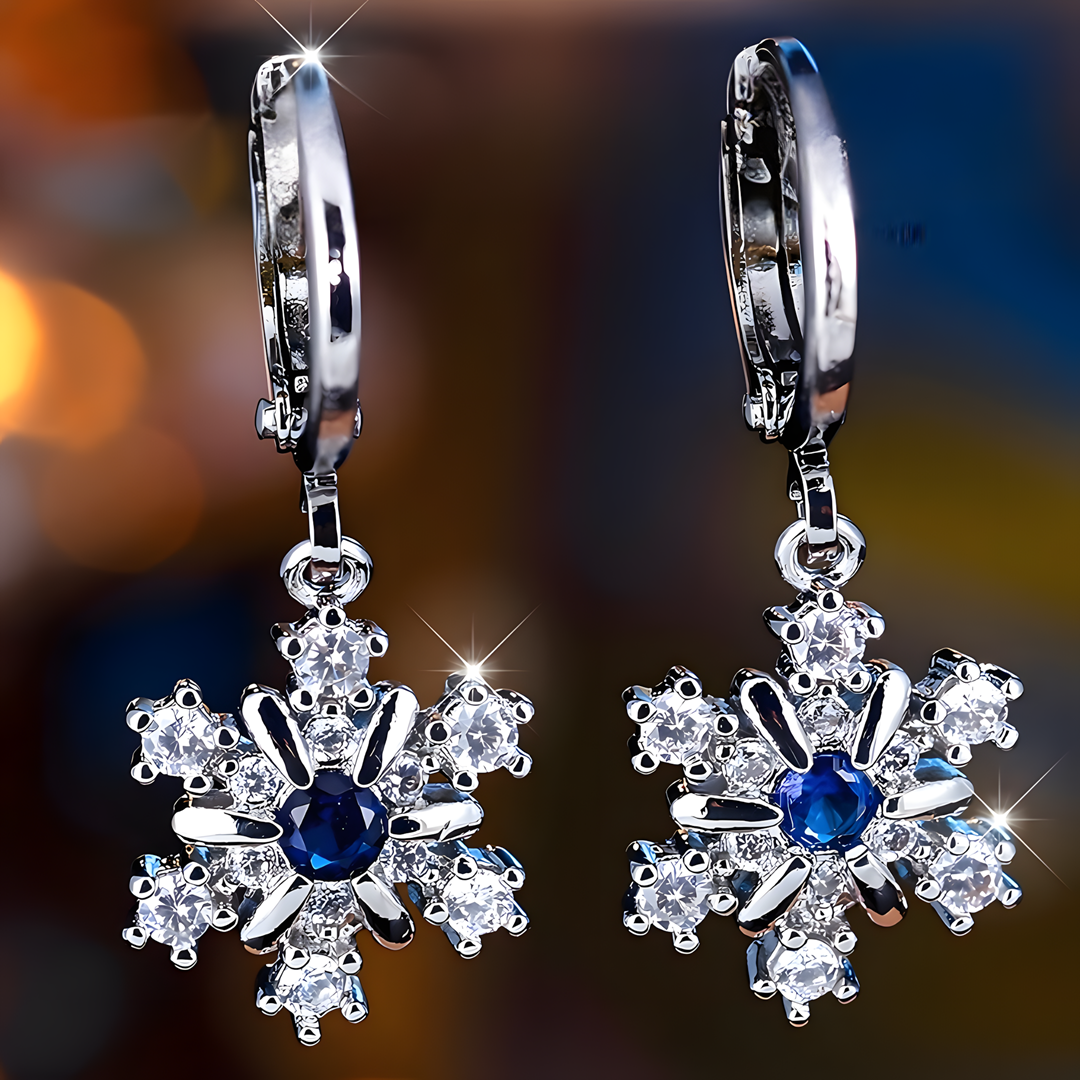 Women's Dangle Hoop Earrings, Blue Zircon Snowflake Drop, Silver Color 665