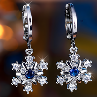 Women's Dangle Hoop Earrings, Blue Zircon Snowflake Drop, Silver Color 665