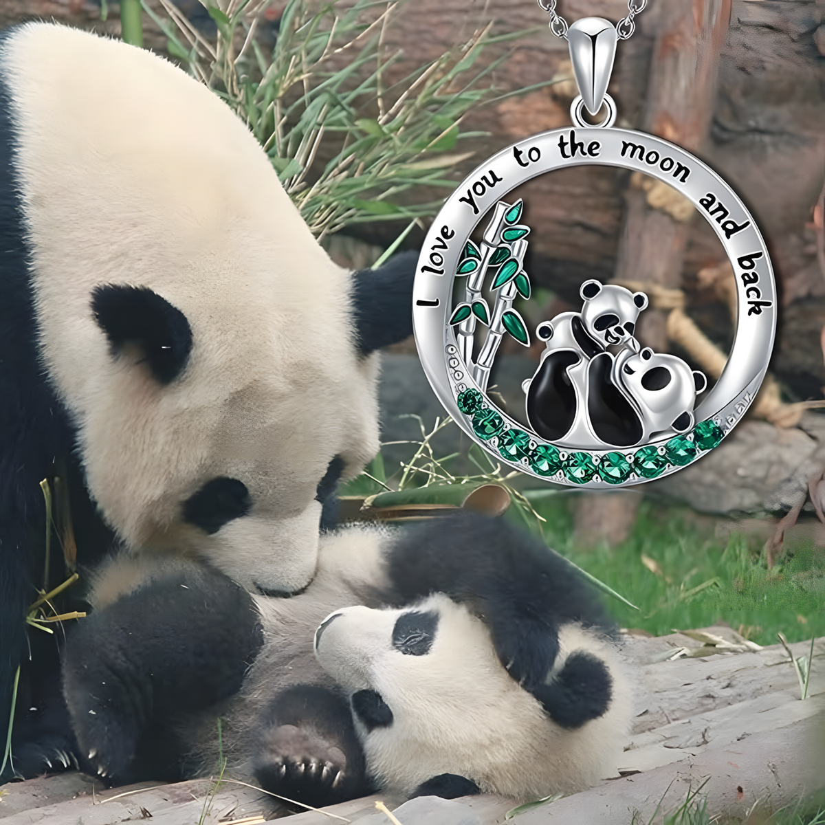 Panda Mother Baby Heart Pendant Necklace “I Love You to the Moon and Back” 1247