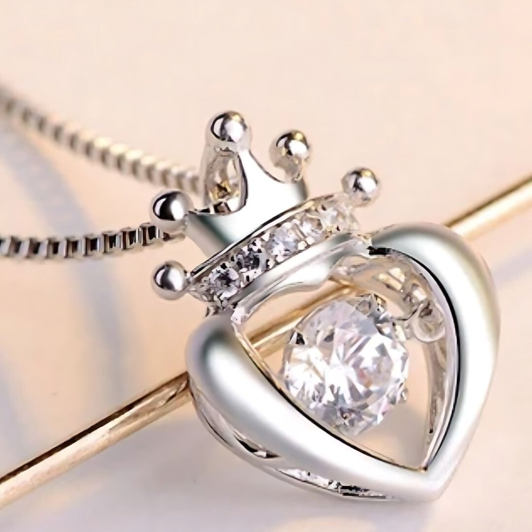 925 Sterling Silver Crown Heart Dancing Zircon Necklace – Elegant Box Chain 252