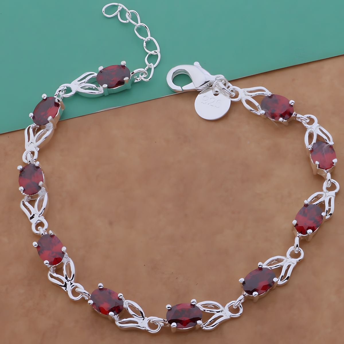 Red Zircon Bracelet, Silver Tone Geometric Charm Bracelet, Adjustable Chain 1742