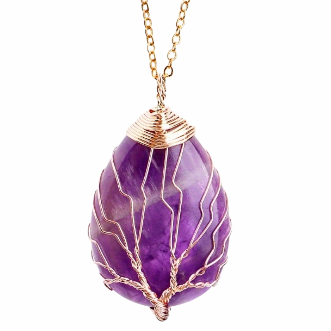 Gold Amethyst Tree Of Life Pendant Necklace Women Oval Gemstone Statement 1342
