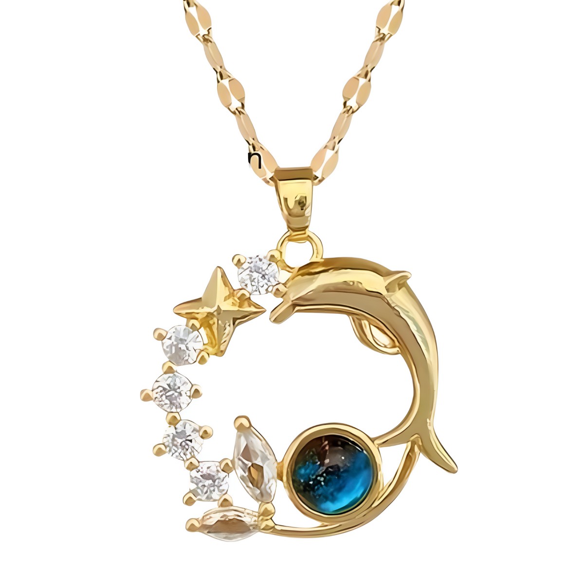 Women's Titanium Steel Dolphin Star Pendant Necklace MicroIntact Zircon 594