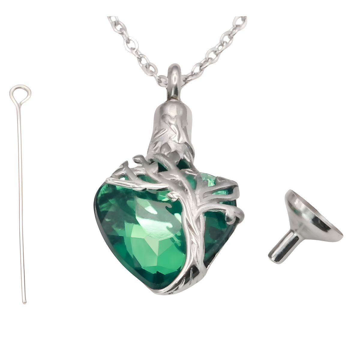 Heart Tree of Life Urn Necklace Crystal Funnel Filler 316L Stainless Steel B208