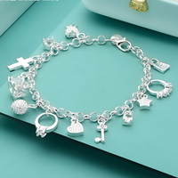 Charm Bracelet For Women With Heart Crown Cross Ring Star Round Link Chain 1762