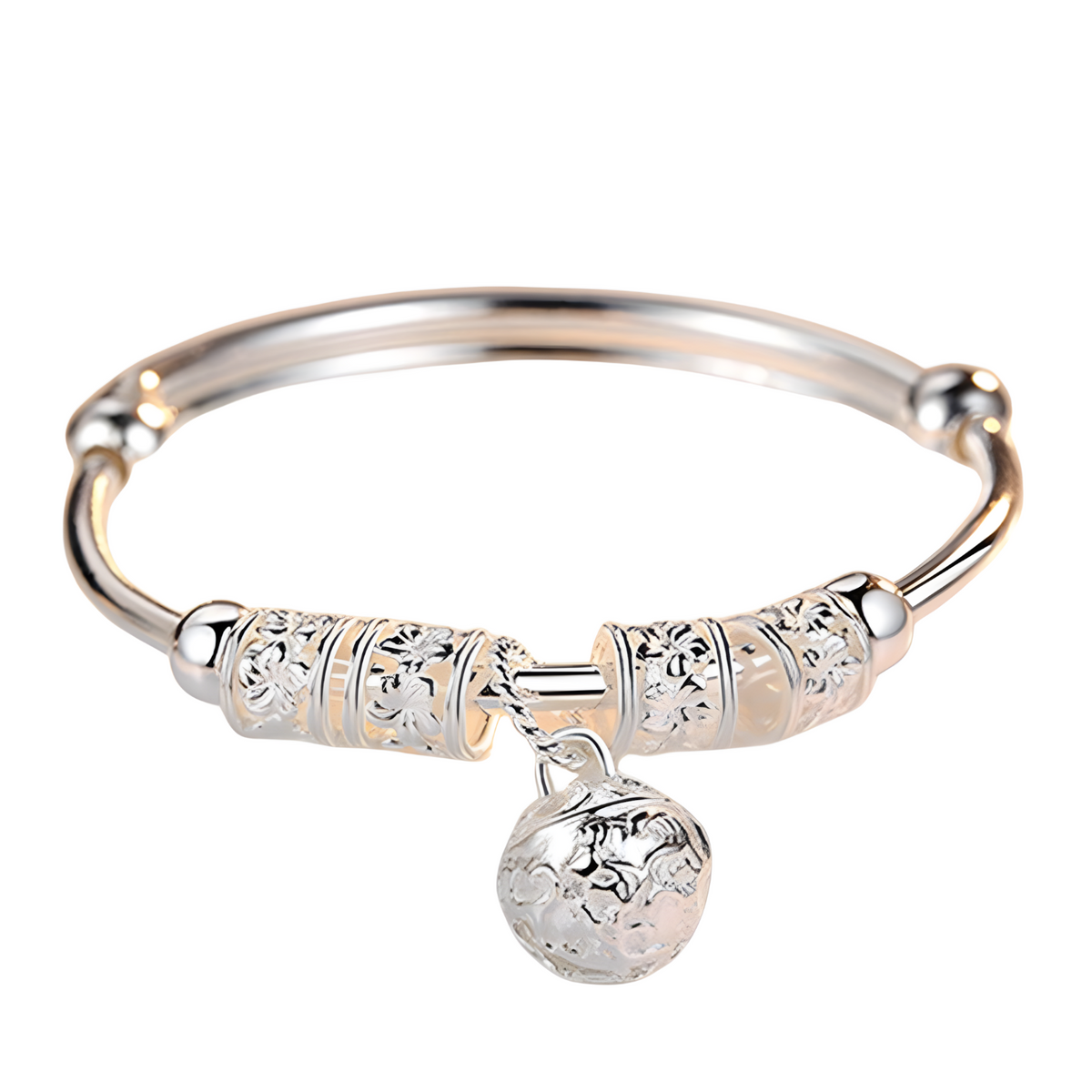 Sterling Silver Filigree Bell Bangle Women 925 Adjustable Open Cuff Bracelet 870