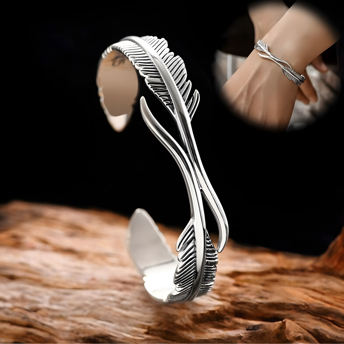 Women Feather Bangle Cuff Bracelet, Retro Silver Color Open Wrist Wrap 606