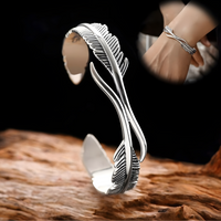 Women Feather Bangle Cuff Bracelet, Retro Silver Color Open Wrist Wrap 606