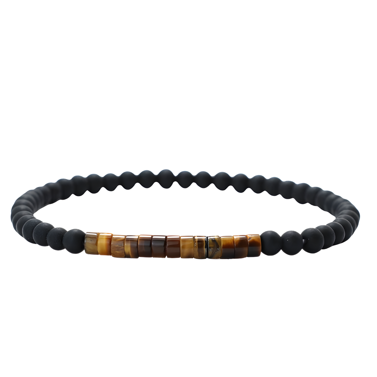 Natural Stone Chakra Bracelet, 4mm Black Onyx Matte Beads Tiger Eye Accents B123