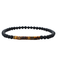 Natural Stone Chakra Bracelet, 4mm Black Onyx Matte Beads Tiger Eye Accents B123
