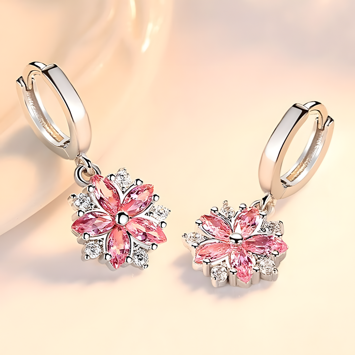 925 Silver-Plated Alloy Pink Petal Zircon Crystal Flower Earrings for Women 1047