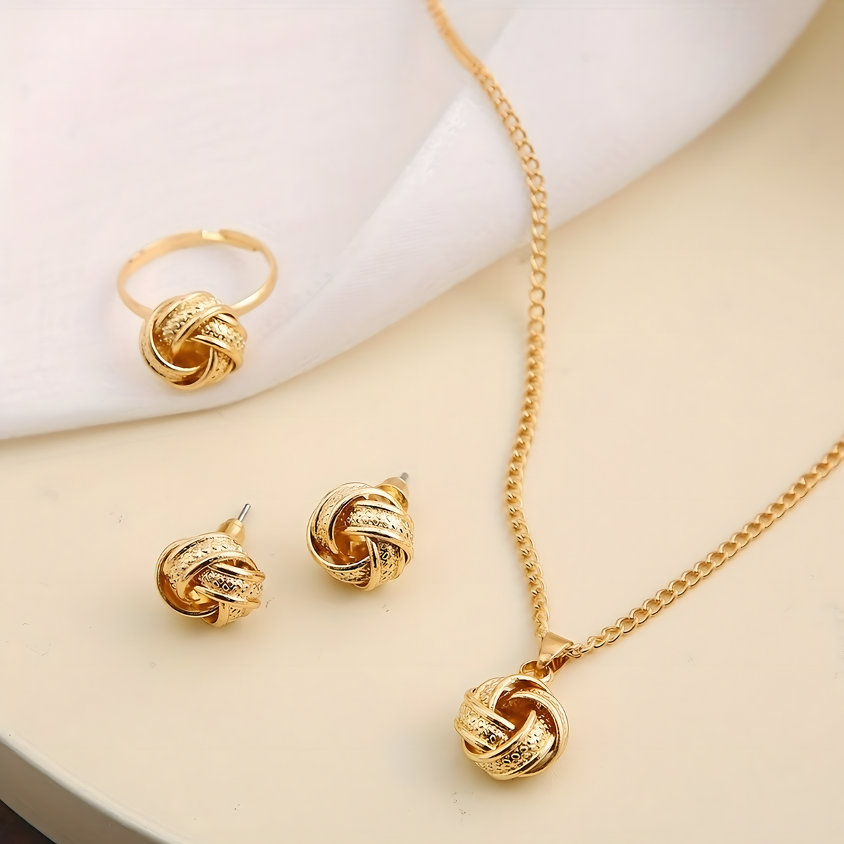 4PCS Gold Twist Knot Jewellery Set Women – Zinc Alloy Necklace, Stud Earring 673