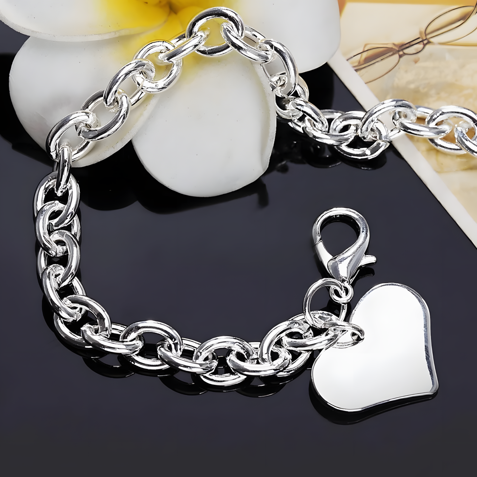 925 Sterling Silver Heart Charm Bracelet-Dangling Love Charm Secure Lobster 1804