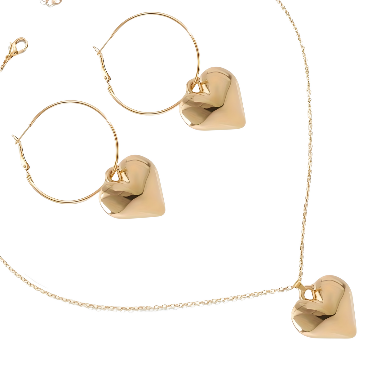 3PCS Gold Tone Heart Necklace & Earrings Set –Hoop Earrings Matching Heart 716