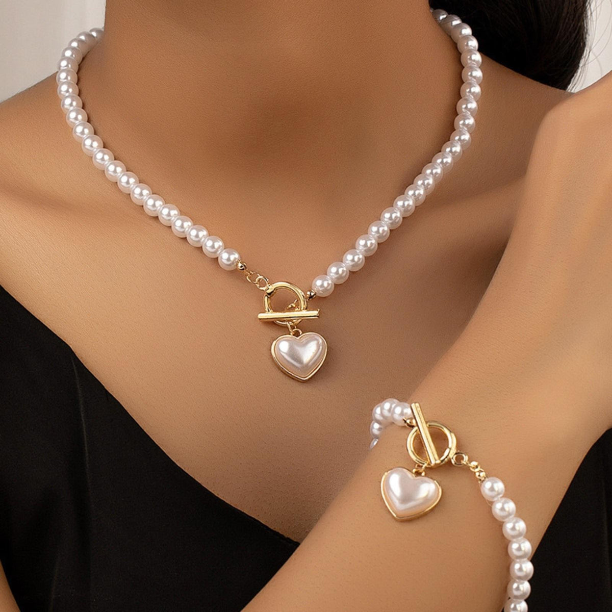 2 PCS Pearl Heart Necklace & Bracelet Set for Women – Simulated Pearl Beaded 708