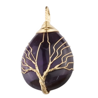 Gold Amethyst Tree Of Life Pendant Necklace Women Oval Gemstone Statement 1342