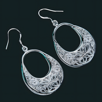 Floral Filigree Oval Drop Earrings for Women–Zinc Alloy with Silver Plating 1213