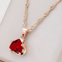 Red Natural Zircon Heart Pendant Necklace for Women, Copper 585 Rose Gold 1276