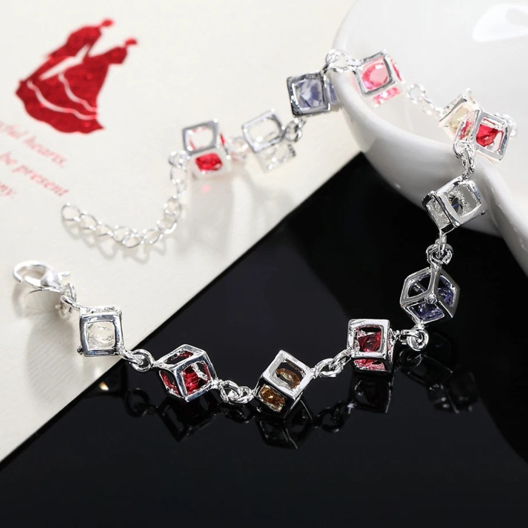 Silver Tone Cube Charm Bracelet with Colourful Rhinestone Crystals 417