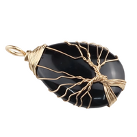 Gold Black Agate Tree Of Life Pendant Necklace For Women Oval Gemstone 1344