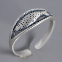 Retro Fish Ring For Women Adjustable Open Band Vintage Style Silver TonE B350