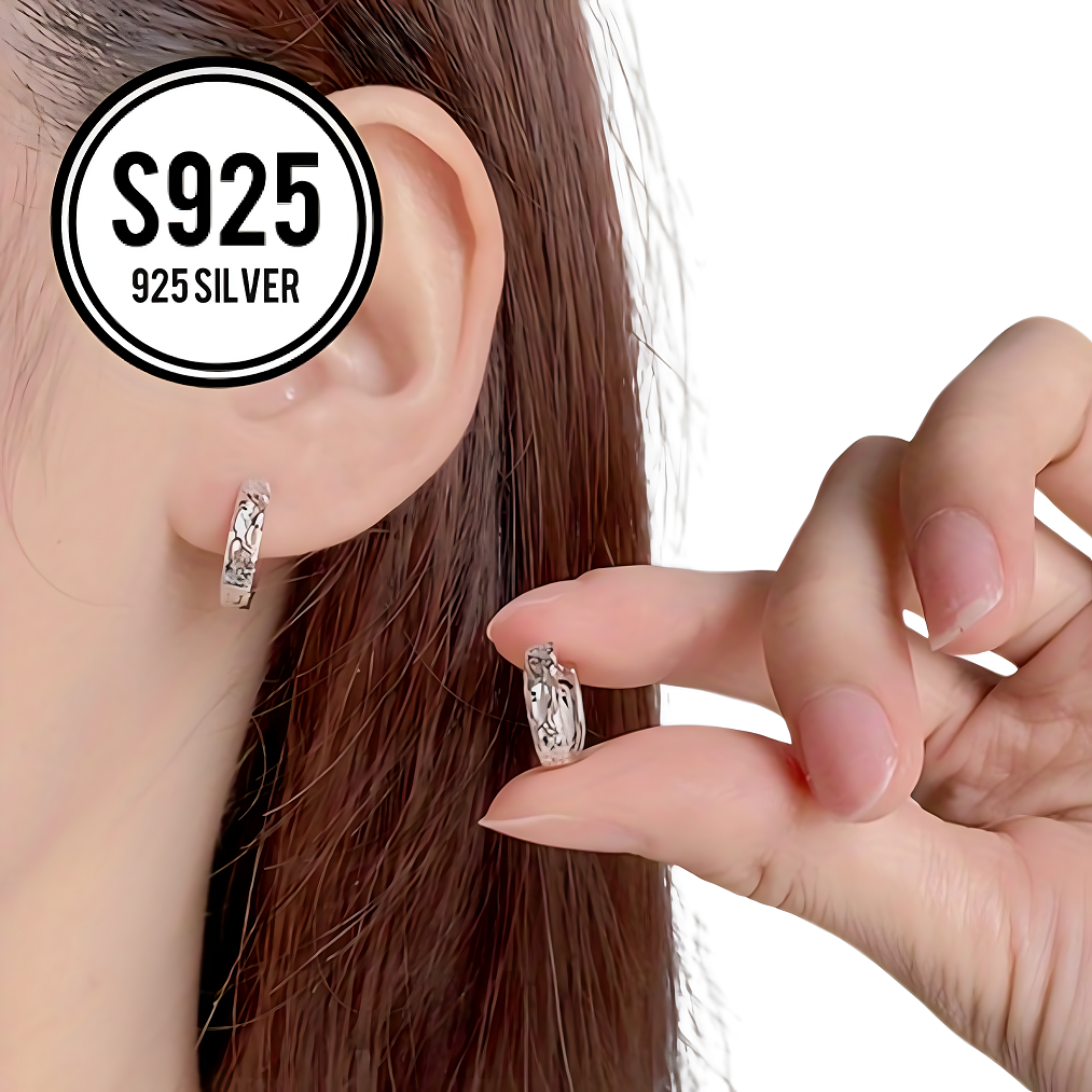 925 Sterling Silver Caved Hollow Pattern Hoop Earrings Huggie Trendy Jewelry 633