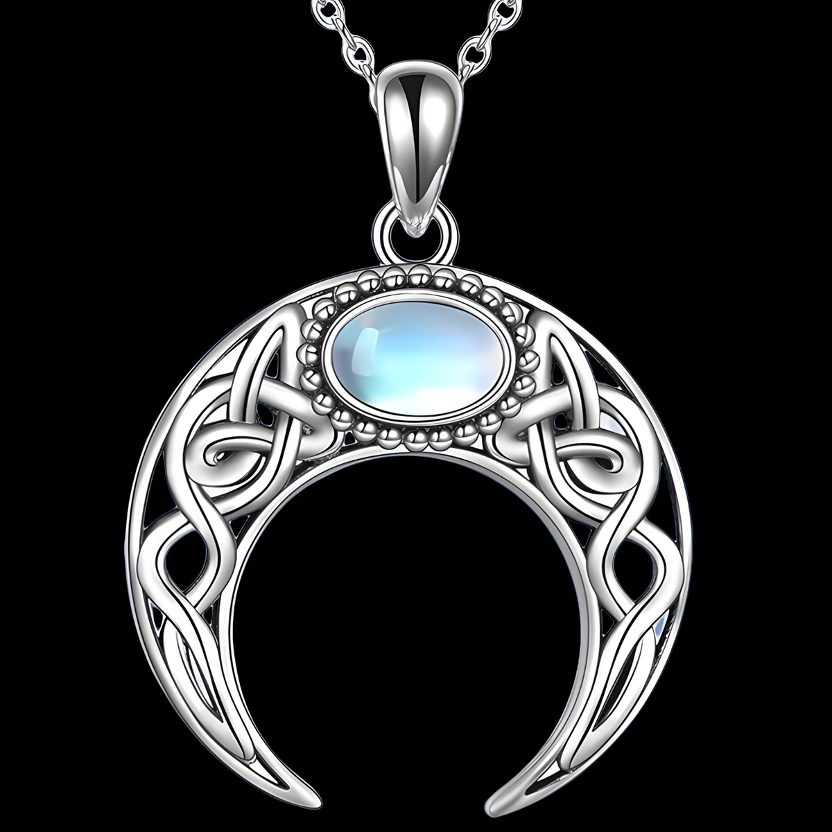 Celtic Crescent Moon Necklace for Women – Zinc Alloy Moon Pendant Blue Opal 1105