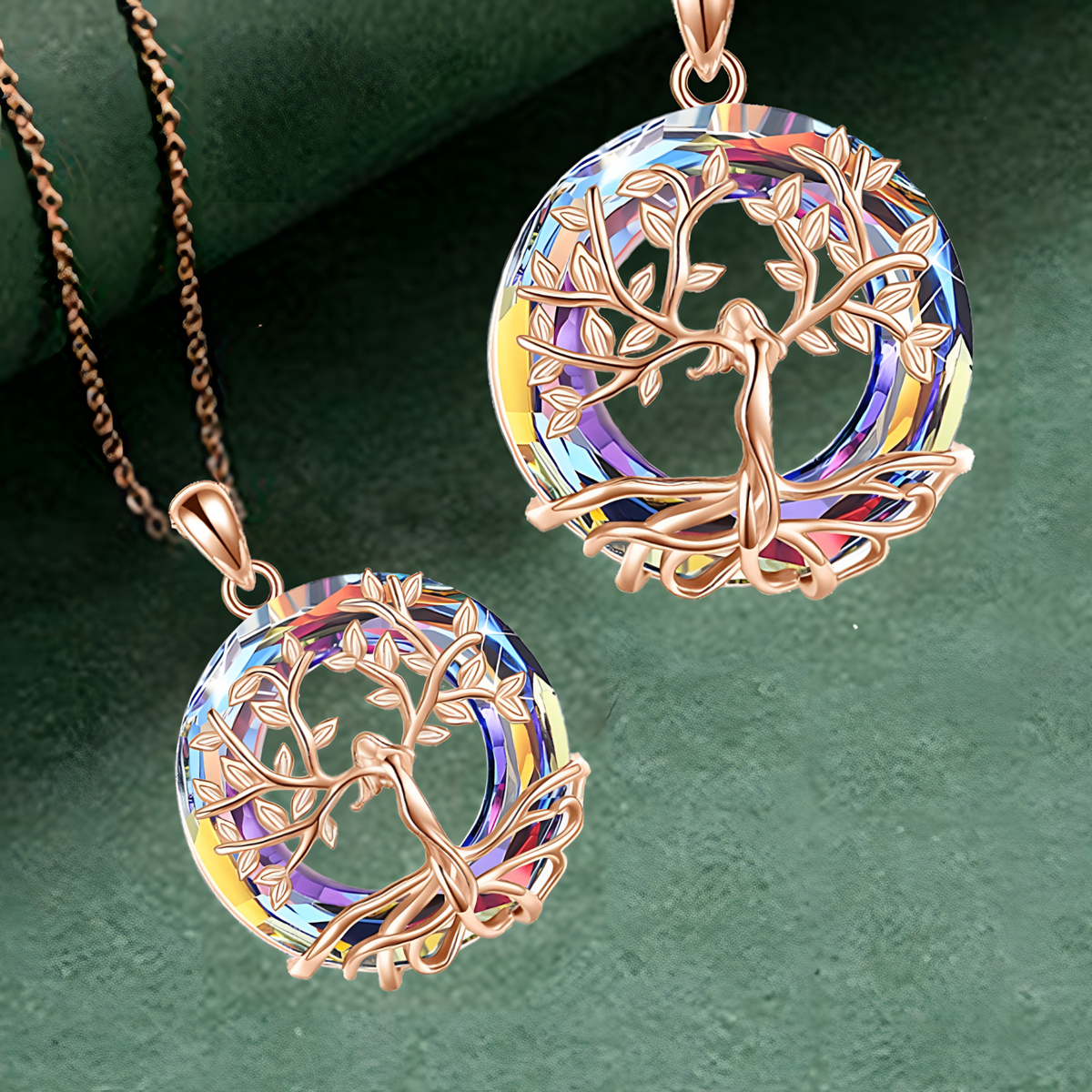 Rose Gold Celtic Tree of Life Necklace with Iridescent Crystal | Family Love B79