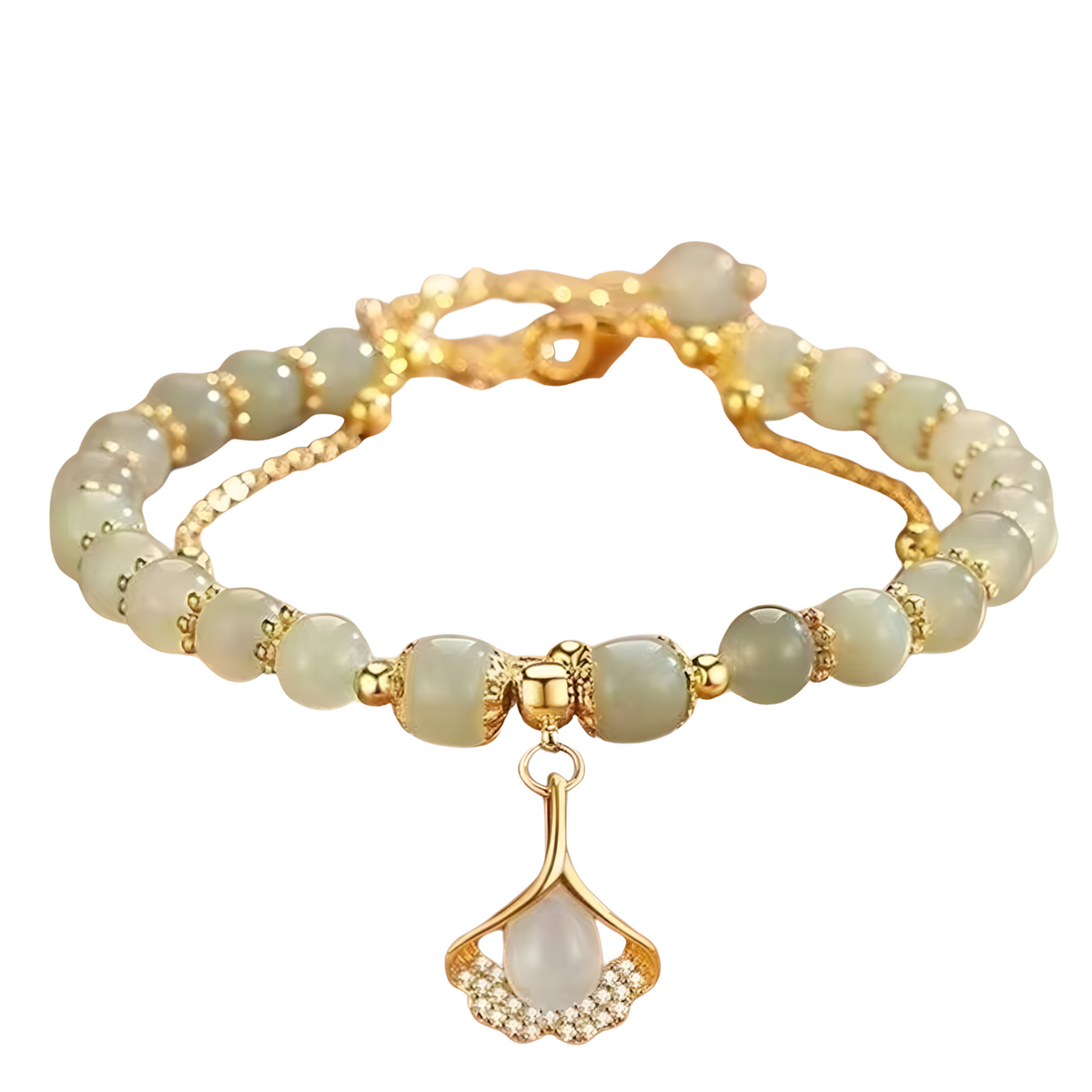 Elegant Pale Green Jade Beaded Bracelet, Gold Tone Adjustable Chain, Lotus 1741