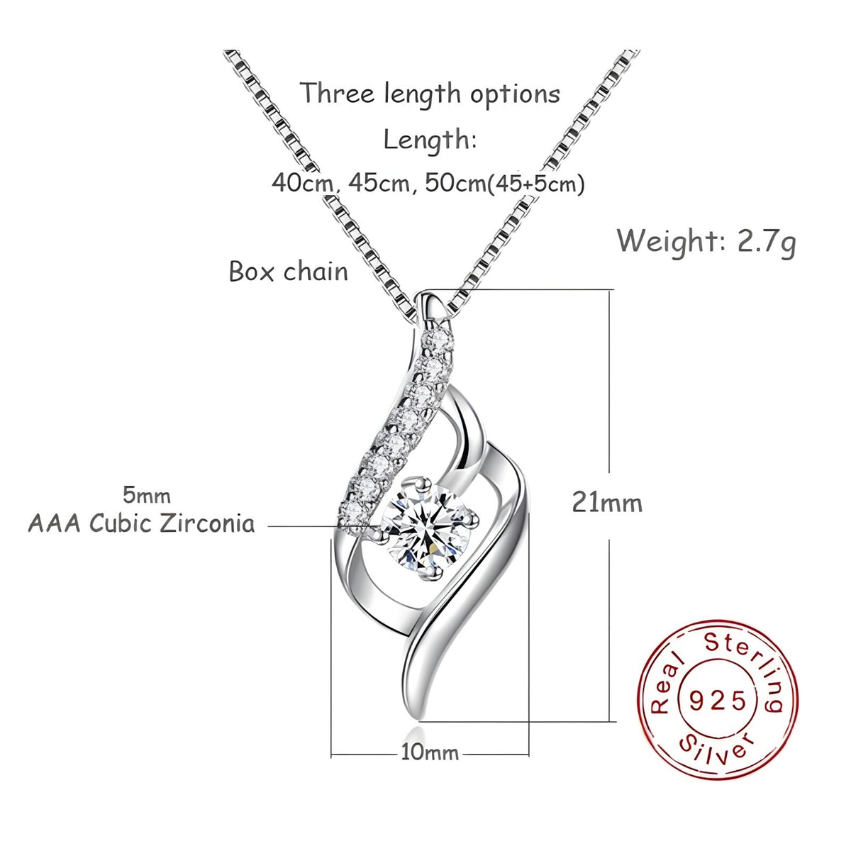 925 Sterling Silver Twisted Zircon Pendant Necklace Elegant Women’s Fashion 257