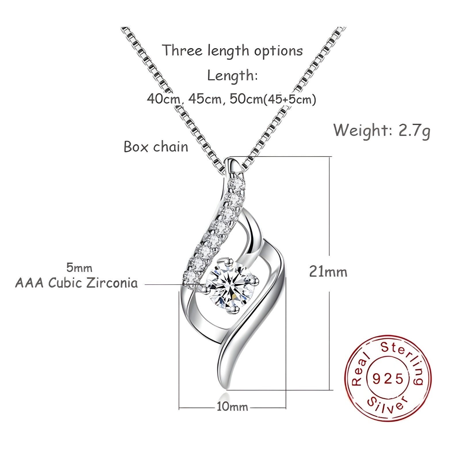 925 Sterling Silver Twisted Zircon Pendant Necklace Elegant Women’s Fashion 257