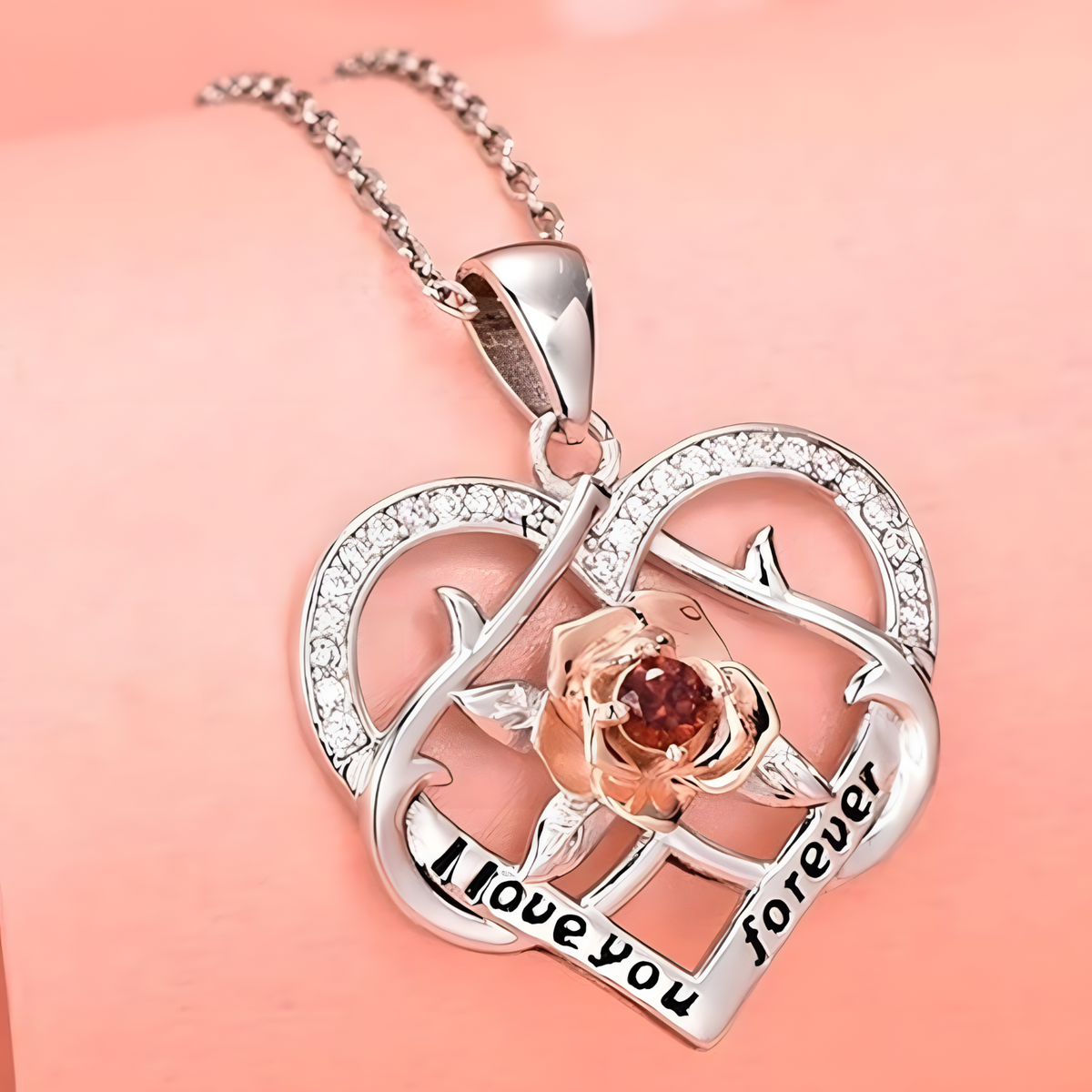 Rose Heart ‘I Love You Forever’ Necklace for Women –Zinc Alloy Double Heart 1157